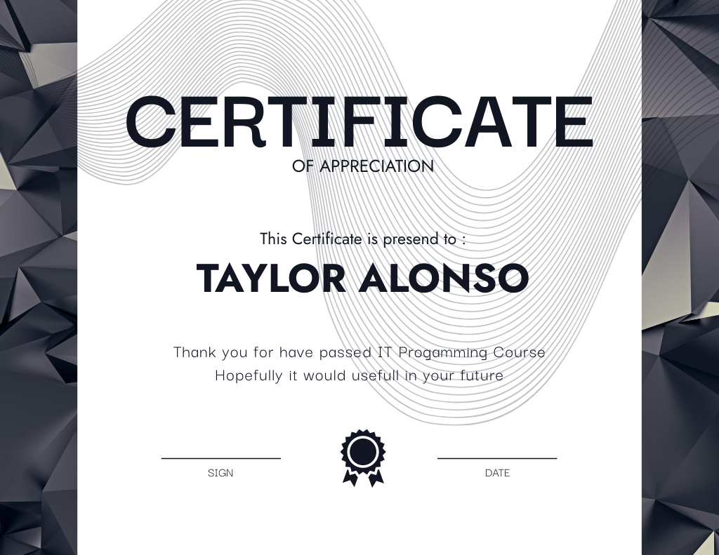Appreciation for Passing IT Programming Course Certificate Šablona návrhu