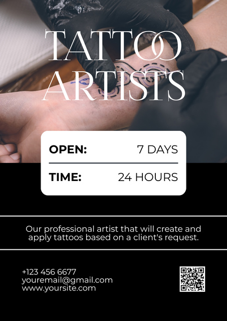 Professional Tattoo Artists Service Around The Clock Offer Poster – шаблон для дизайна