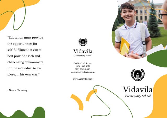 School Offer with Smiling Boy Reading Book Brochure Design Template