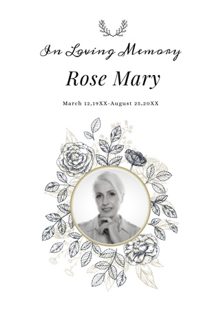 Ontwerpsjabloon van Postcard 5x7in Vertical van Funeral Ceremony Announcement with Photo of Woman in Floral Wreath