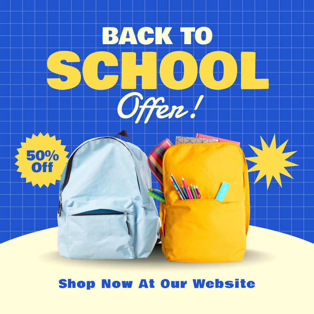 Offer Discount on Yellow and Blue School Backpacks Instagram Design Template
