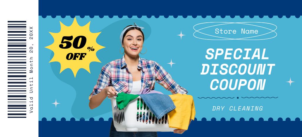 Special Discount on Dry Cleaning Services with Happy Woman Coupon 3.75x8.25in Design Template