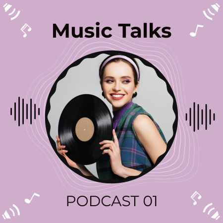 Podcast Announcement with Smiling Girl with Vinyl Record Podcast Cover Modelo de Design