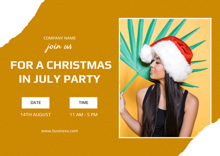  Christmas Party Announcement with Attractive Asian Woman in July Flyer A6 Horizontal Modelo de Design
