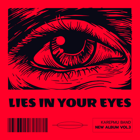 Designvorlage Blaue Augenillustration, Titel und grafische Elemente auf rotem Hintergrund für Album Cover