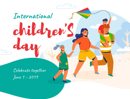 Platilla de diseño Children's Day Greeting with Parents and Kids Having Fun Postcard 4.2x5.5in