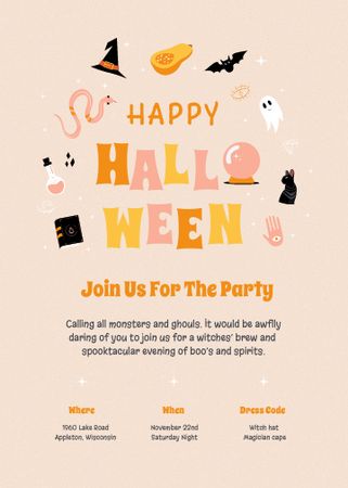 Halloween Party Announcement with Holiday Attributes Invitation Design Template