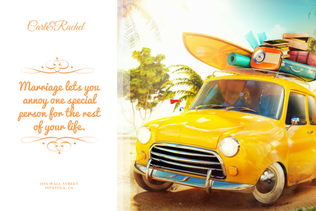 Marriage Quote With Vintage Car And Luggage Postcard 4x6in – шаблон для дизайну