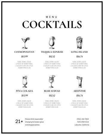 Cocktails Menu Announcement in White Menu 8.5x11in Design Template