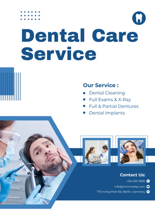 Dental Care Services Ad with Patient in Clinic Poster Tasarım Şablonu