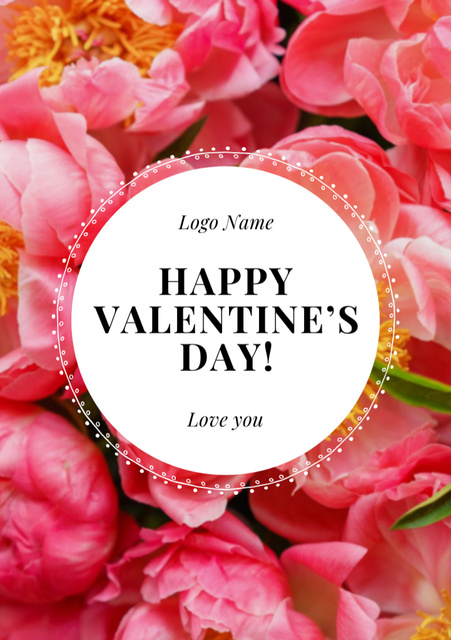 Valentine's Day Greeting with Blooming Flowers Postcard A5 Vertical Šablona návrhu