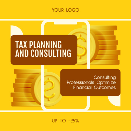Offer of Business Consulting and Tax Planning with Golden Coins LinkedIn post tervezősablon