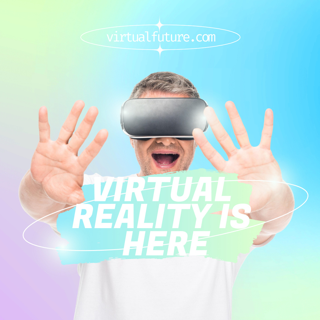 Expressive Man in Virtual Reality Glasses In Gradient Instagram Design Template