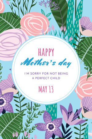 Mother's Day Greeting With Illustrated Flowers on Blue Postcard 4x6in Vertical Design Template