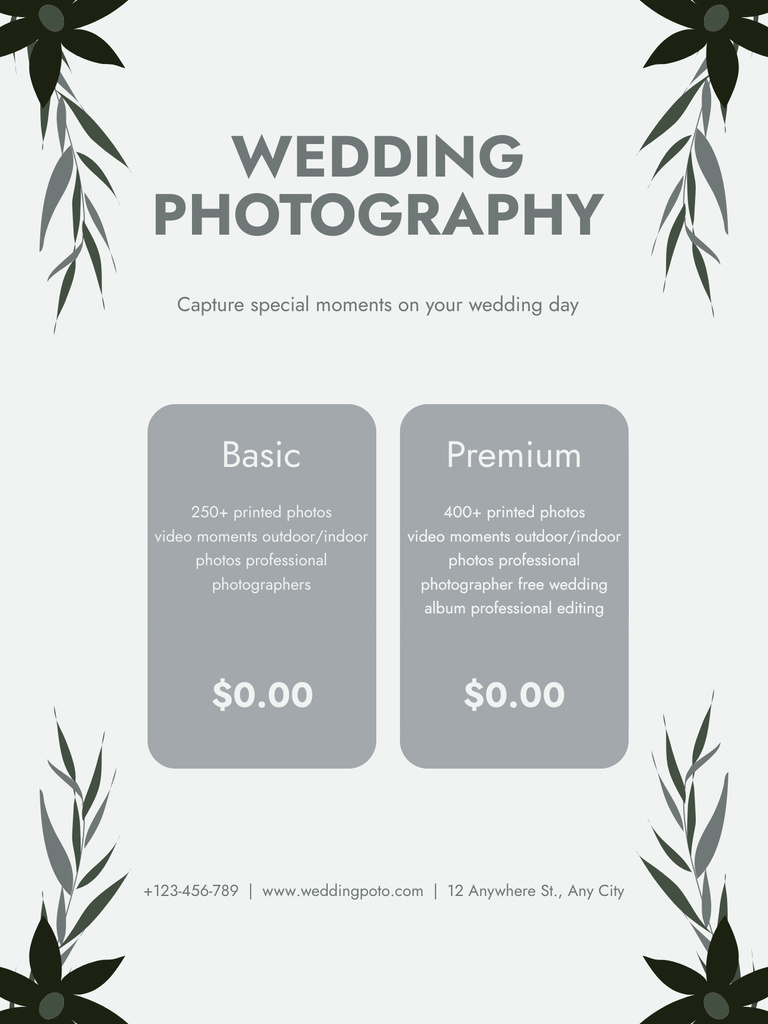 Basic Wedding Photographer Service Packages Poster US – шаблон для дизайна