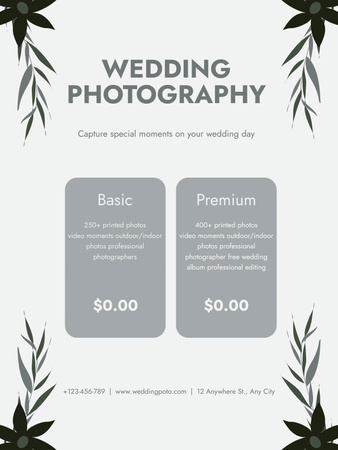 Pacotes básicos de serviços para fotógrafos de casamento Poster US Modelo de Design