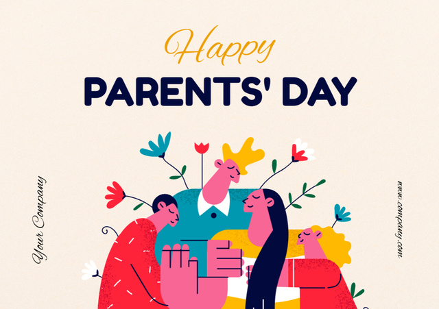 Happy Parents' Day With Hugging And Flowers Postcard A5 Design Template