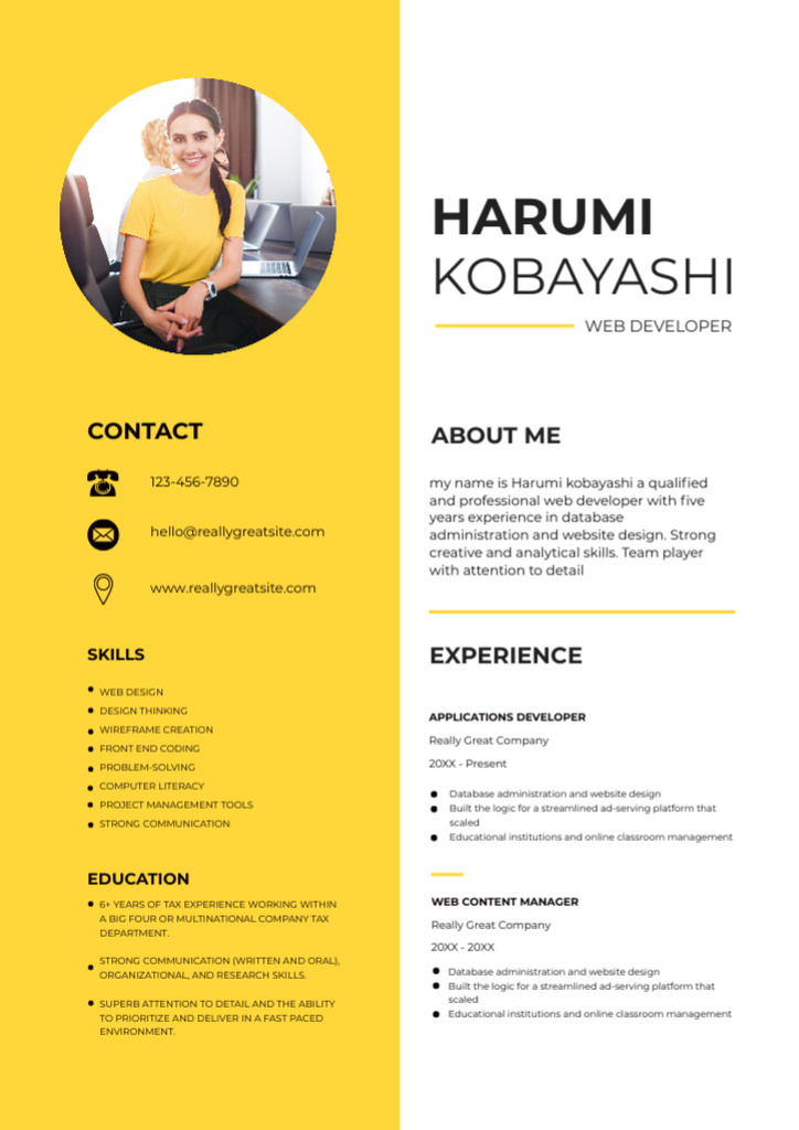 Web Developer Skills and Experience on Yellow Resume Tasarım Şablonu