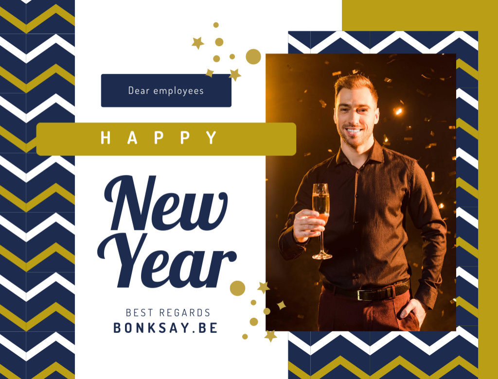 Plantilla de diseño de New Year Greeting Man With Champagne Glass Postcard 4.2x5.5in 