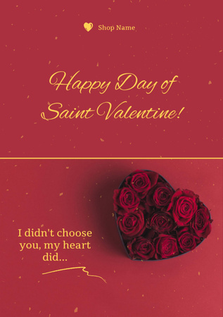 Cute Valentine's Greeting with Red Roses in Box Postcard A5 Vertical Design Template