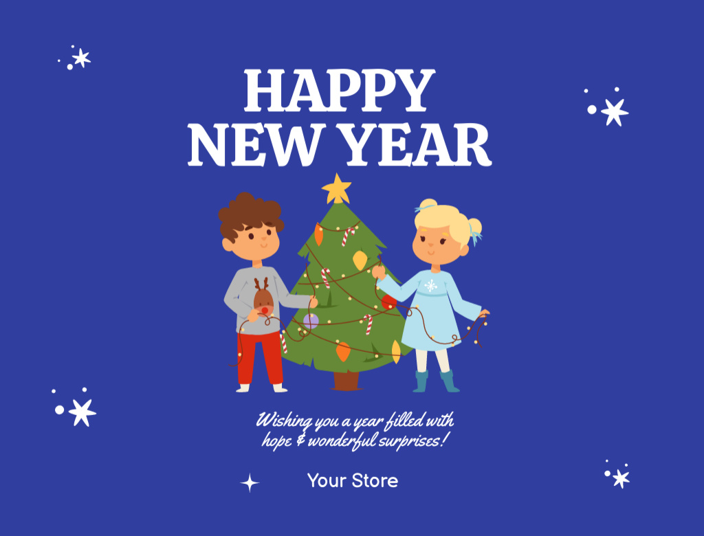 Template di design Happy New Year Wishes with Children Decorating Tree Postcard 4.2x5.5in
