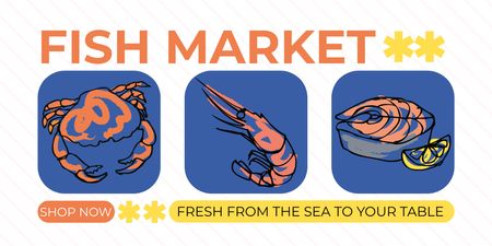 Fish Market Ad with Seafood Illustration Twitter Design Template