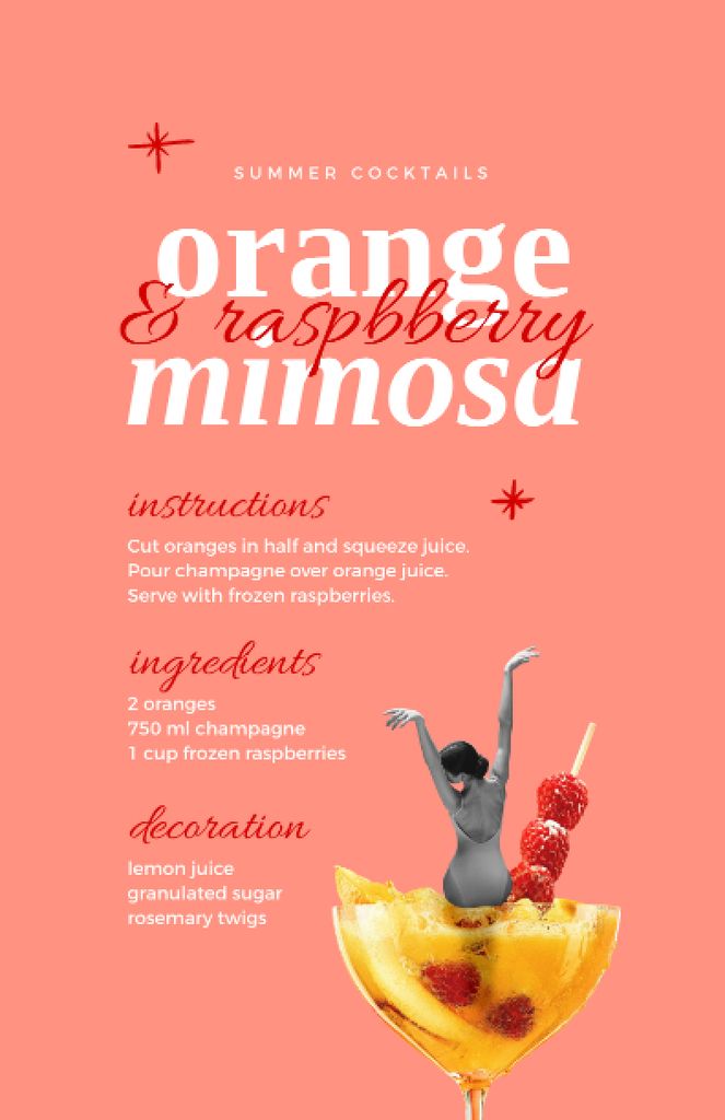 Orange and Raspberry Summer Cocktail Recipe Card Design Template