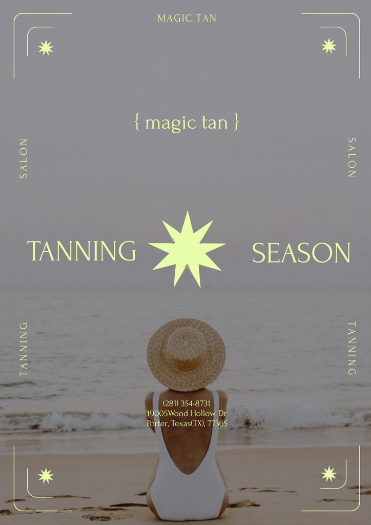 Tanning Season Announcement with Girl on Beach Poster Modelo de Design