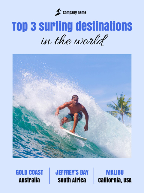 Template di design Surfing Destinations Ad with Man on Surfboard Poster US