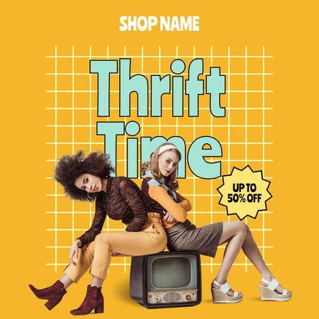 Multiracial women on yellow thrift shop Instagram AD Tasarım Şablonu