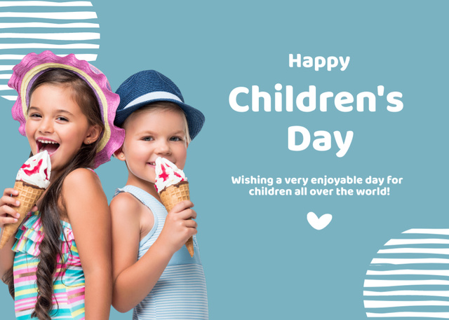 Ontwerpsjabloon van Postcard 5x7in van Children's Day with Little Smiling Kids Eating Ice Cream