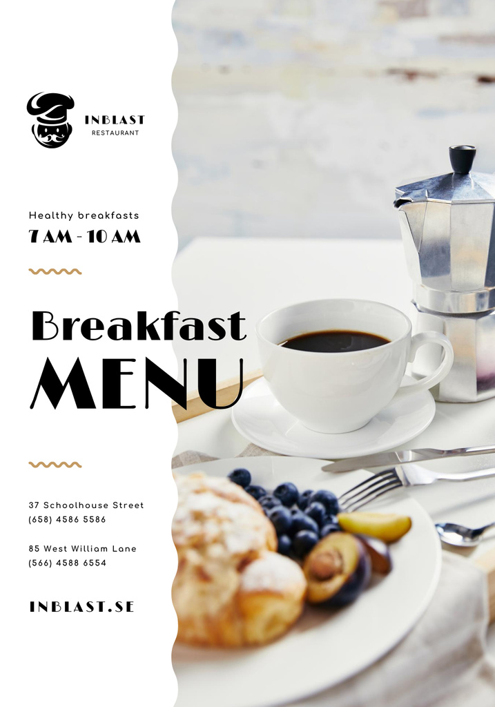 Ontwerpsjabloon van Poster 28x40in van Delicious Breakfast with Fresh Croissant on Served Table