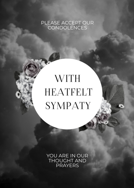 Platilla de diseño Sympathy Phrase with Flowers and Clouds on Grey Postcard 5x7in Vertical