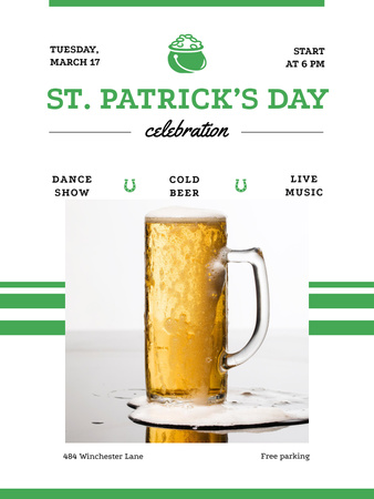 St.Patricks Day Celebration with Glass of cold Beer Poster US Design Template