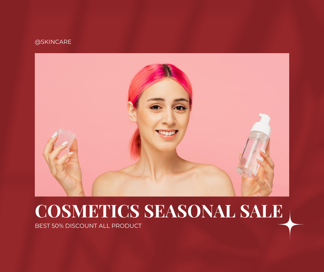 Cosmetics Seasonal Sale with Young Lady Presenting Serum Facebook Modelo de Design