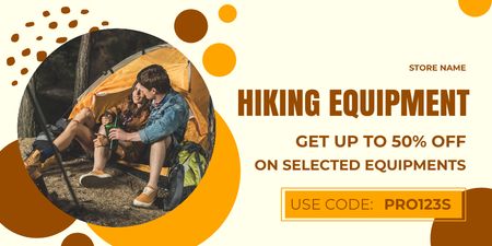 Platilla de diseño Hiking Equipment Ad with Couple near Tent Twitter