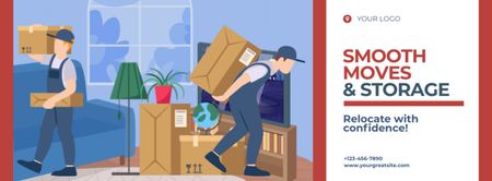 Moving Services Offer with Delivers carrying Boxes Facebook cover Design Template