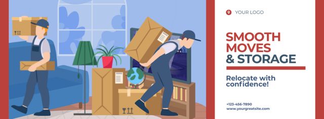 Moving Services Offer with Delivers carrying Boxes Facebook cover tervezősablon