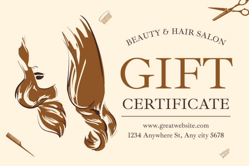 Beauty Salon Ad with Illustration of Female Hair Gift Certificate Tasarım Şablonu