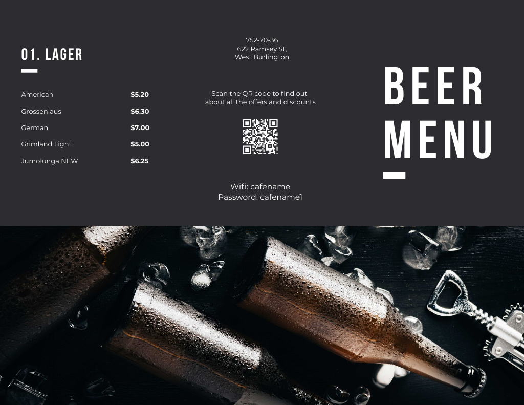 Beer Bottles And Variety With Description Menu 11x8.5in Tri-Foldデザインテンプレート