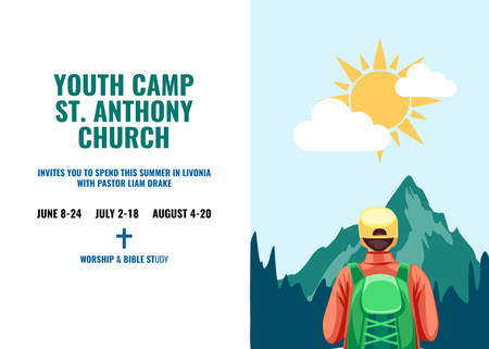 Ontwerpsjabloon van Flyer 5x7in Horizontal van jeugd religie kamp uitnodiging met jongen in de bergen