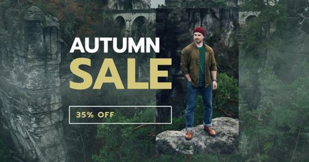 Template di design Outdoor Clothes Ad handsome Man on Cliff Facebook AD