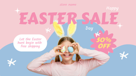 Funny Little Girl in Rabbit Ears with Dyed Eggs on Easter Sale FB event cover Design Template