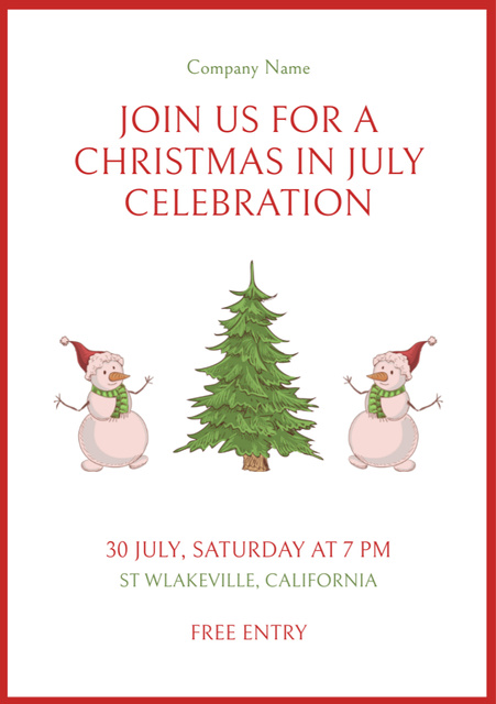 Celebrate Christmas in July with Snowmen near Tree Flyer A5 Design Template