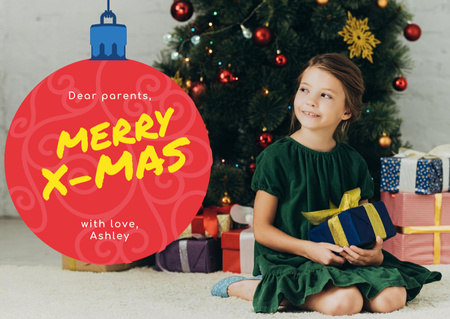 Merry Christmas Greeting with Little Girl with Presents Postcard Design Template