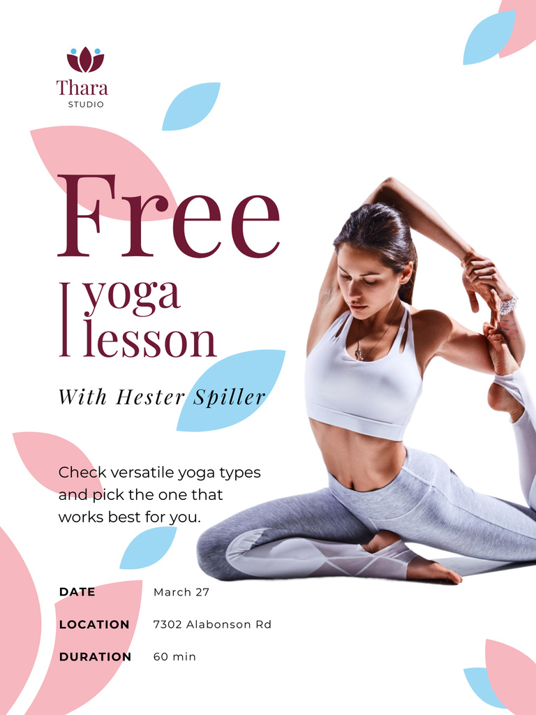 Lesson Offer with Woman Practicing Yoga Poster US Tasarım Şablonu