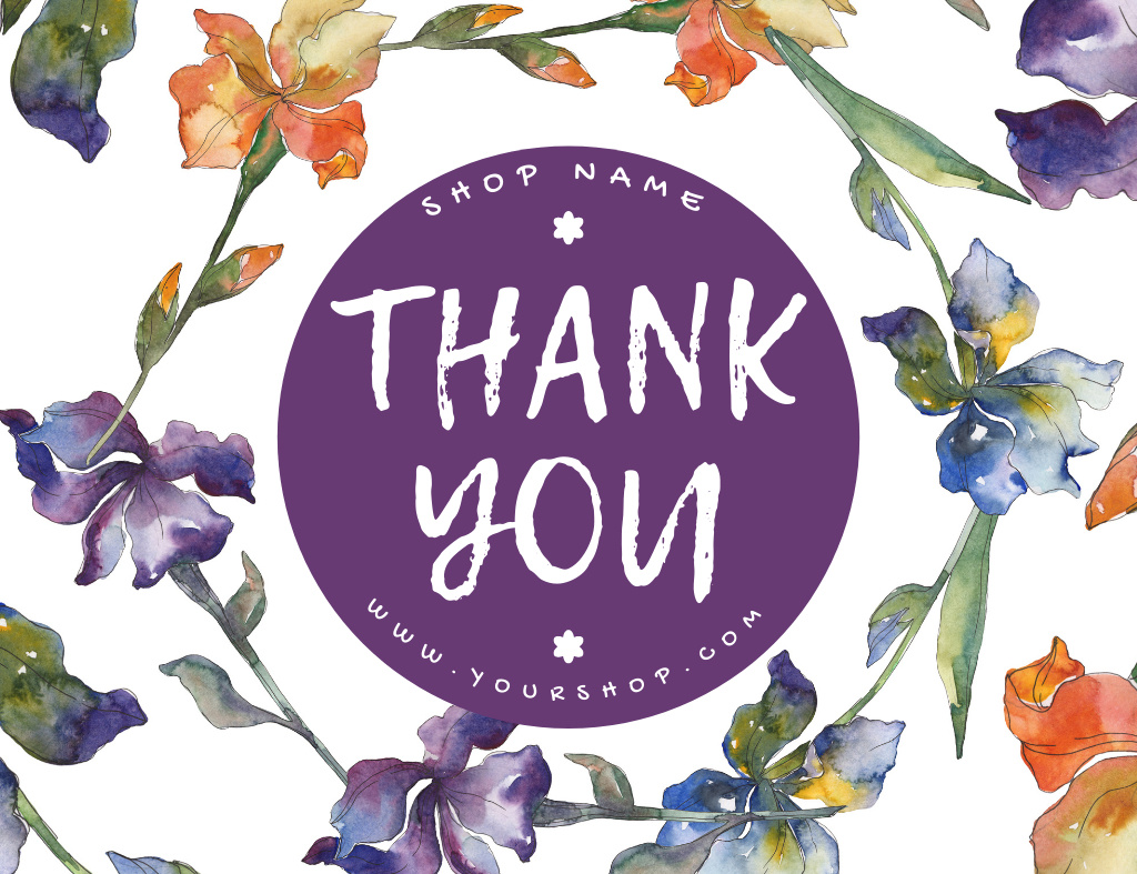 Designvorlage Thank You Message with Watercolor Irises für Thank You Card 5.5x4in Horizontal