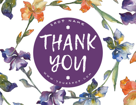 Suluboya Çiçeklerle Teşekkür Mesajı Thank You Card 5.5x4in Horizontal Tasarım Şablonu