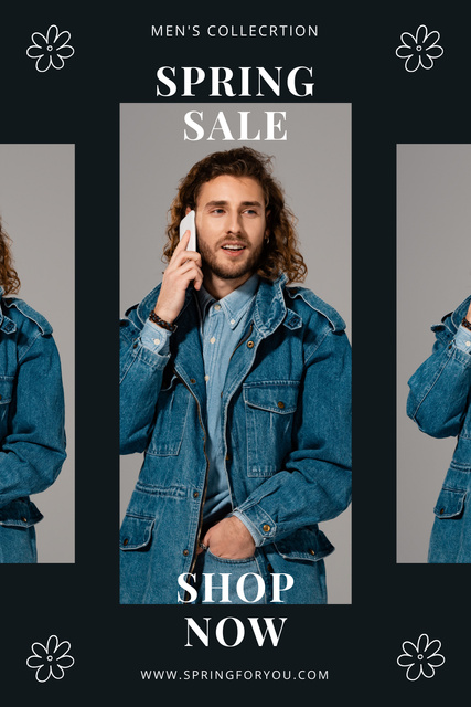 Spring Sale Announcement with Stylish Long Haired Man Pinterestデザインテンプレート