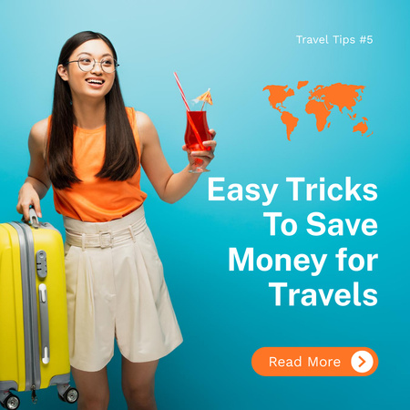 Travel Tips with Young Woman with Suitcase on Vacation  Instagram Design Template